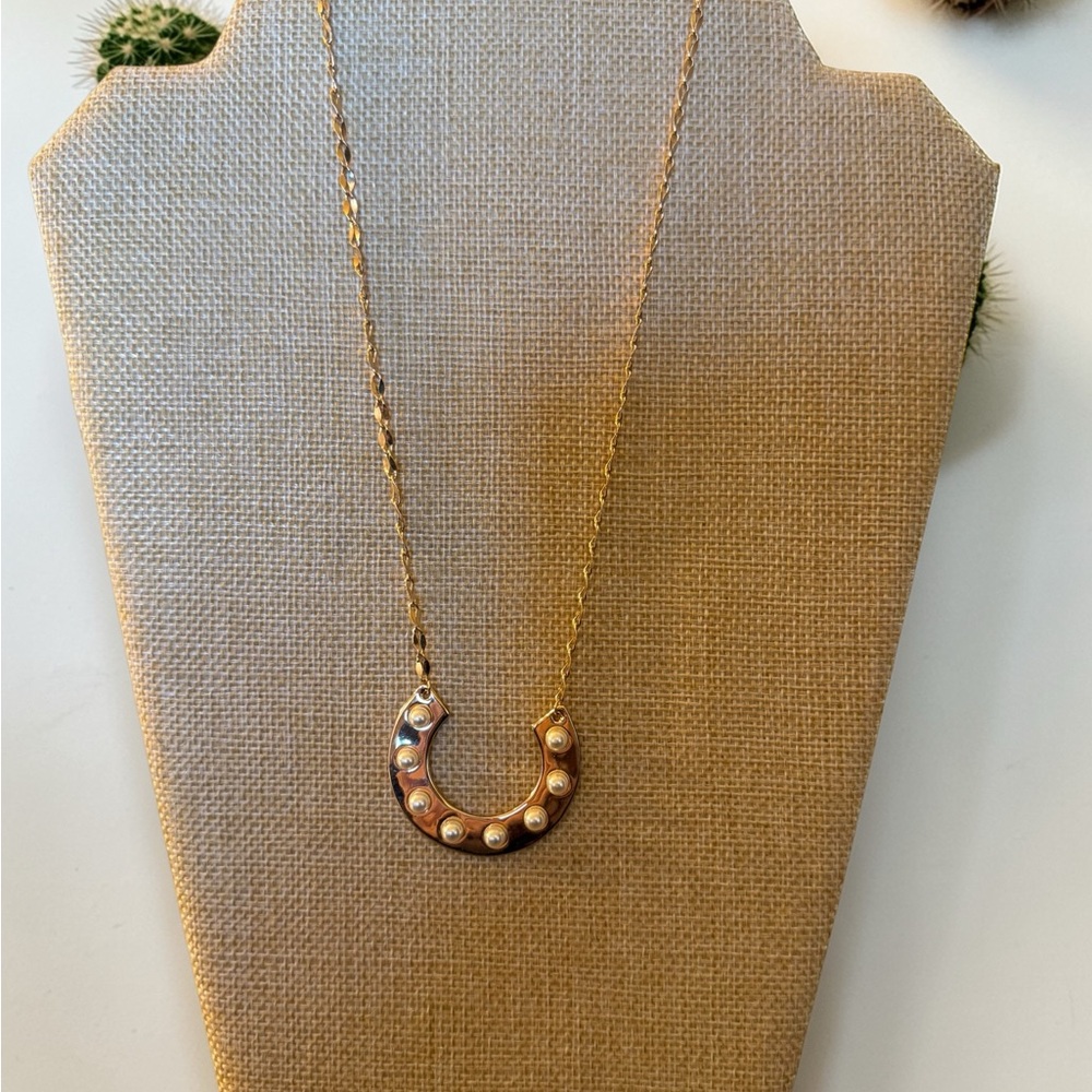 Gold-Tone Horseshoe Necklace with Pearl Accents